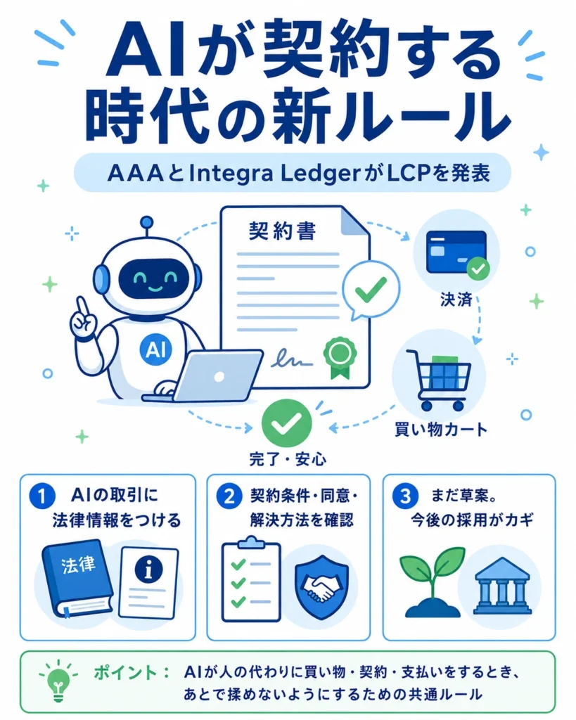 AIエージェントが契約書、決済、買い物、法律ルールとつながる仕組みを説明したLCPの概要図。