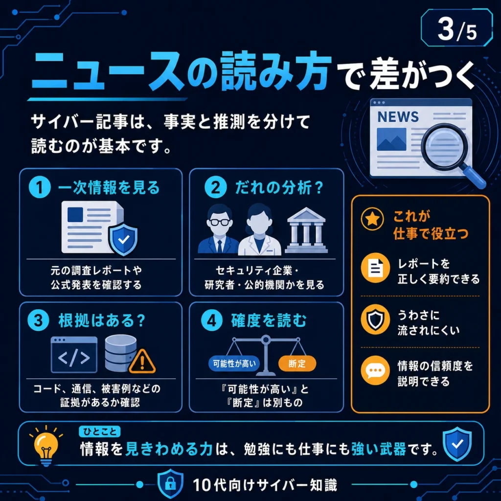 サイバーセキュリティニュースを読むときに、一次情報、分析元、根拠、確度を確認する方法をまとめた図解