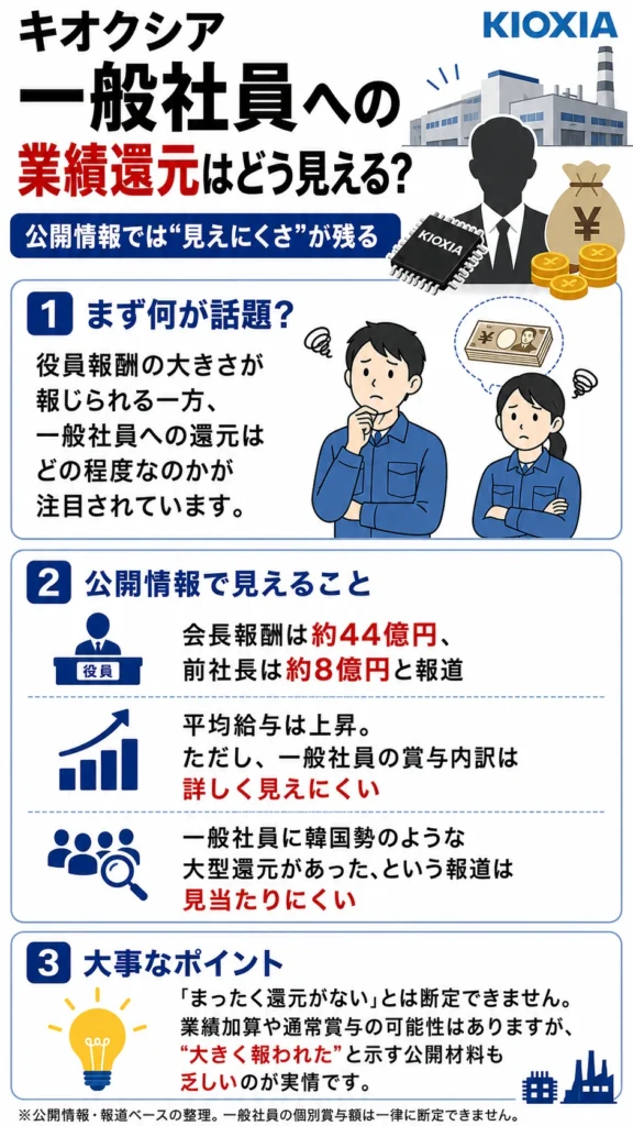 キオクシアの一般社員への業績還元について、公開情報では具体的な増額情報が少ないことを説明した図