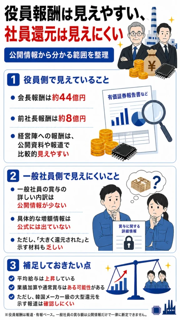 キオクシアの役員報酬は公開情報で見えやすい一方、一般社員への社員還元は見えにくいことを整理した図