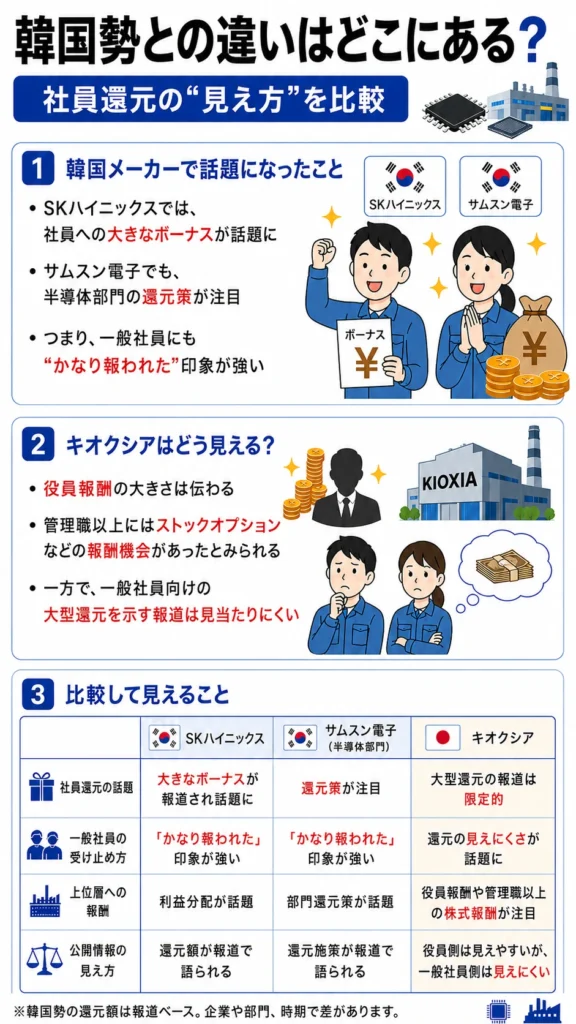 韓国半導体メーカーとキオクシアの社員還元を比較し、一般社員への大型還元報道の違いを示した図