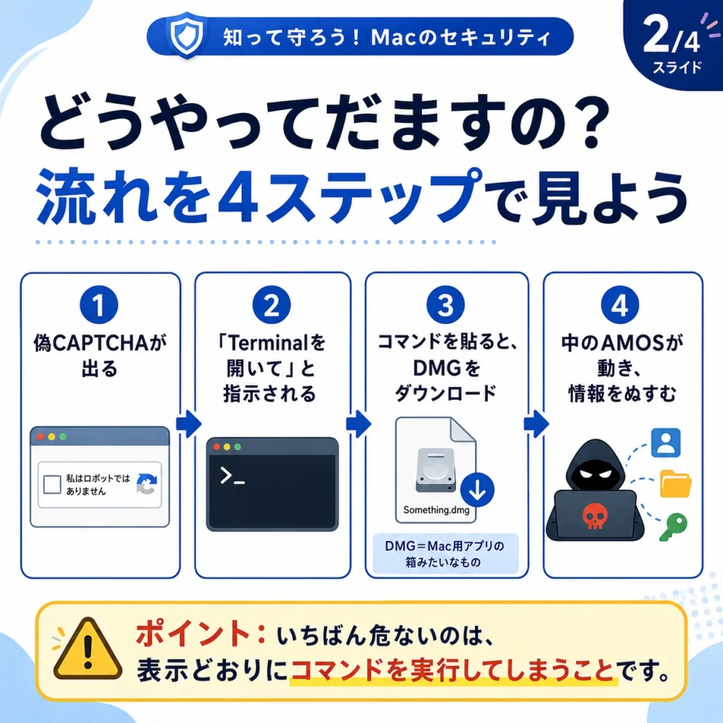 macOS ClickFix攻撃の流れを4ステップで示した図。偽CAPTCHA、Terminal指示、DMGダウンロード、AMOSによる情報窃取を説明している。