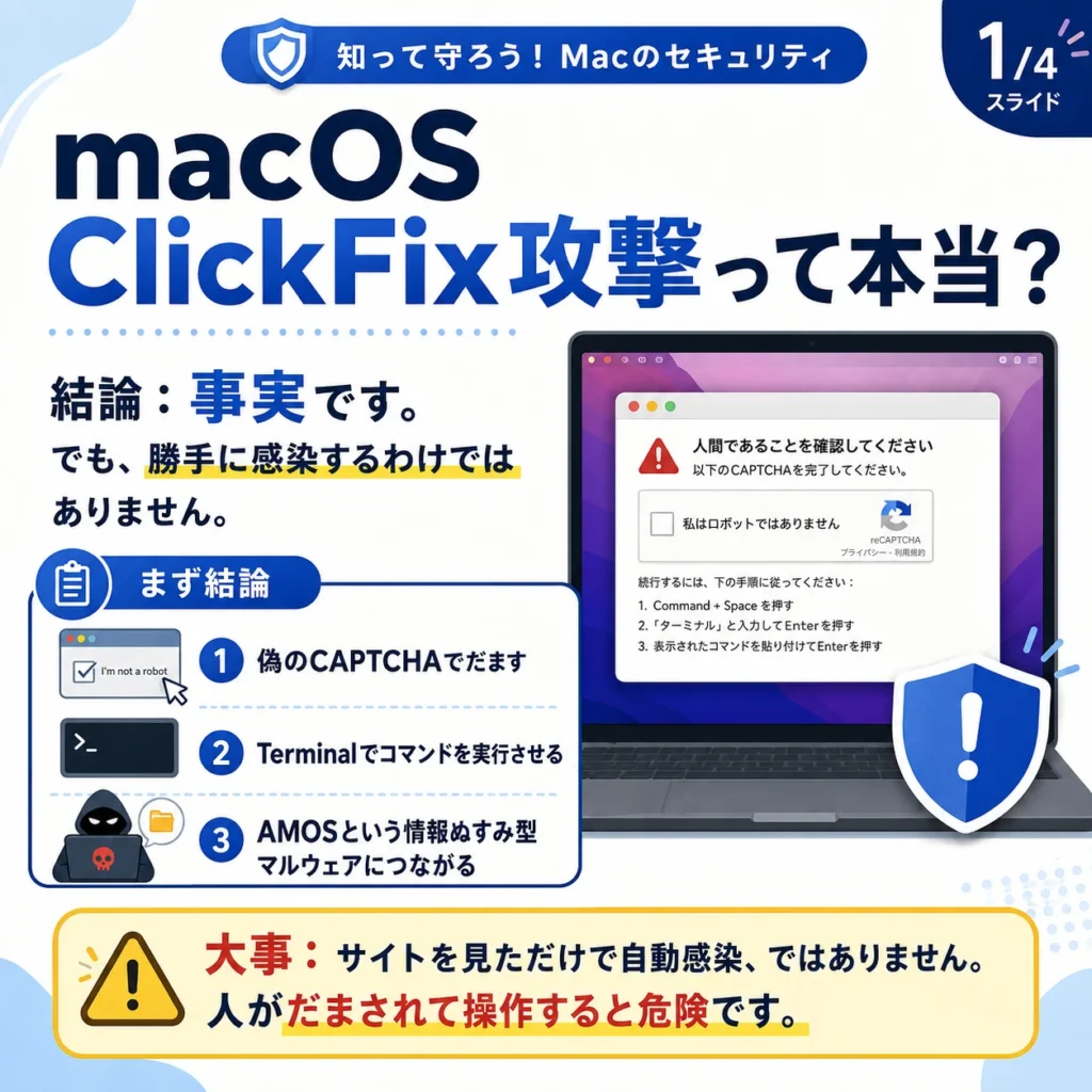 macOS ClickFix攻撃の概要を説明する図。偽CAPTCHAでTerminal操作へ誘導し、AMOS感染につながる危険性を示している。