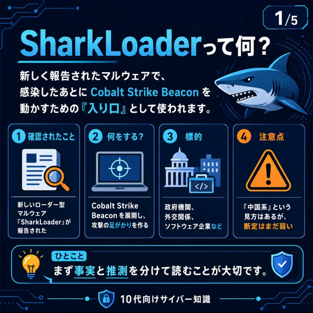SharkLoaderとは何か、ローダー型マルウェアやCobalt Strike Beaconとの関係を10代向けに解説した図解
