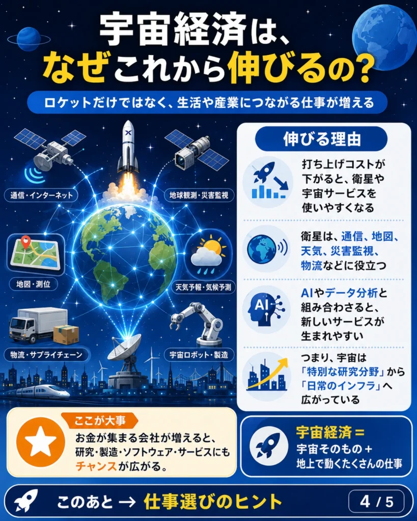 衛星通信やAIや物流など宇宙経済が広がる理由をまとめた図解