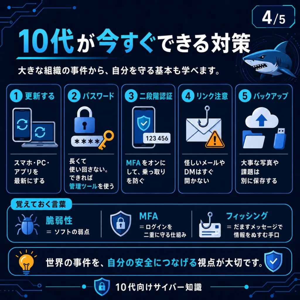 10代が今すぐできるサイバーセキュリティ対策として、更新、パスワード、二段階認証、リンク注意、バックアップを紹介した図解