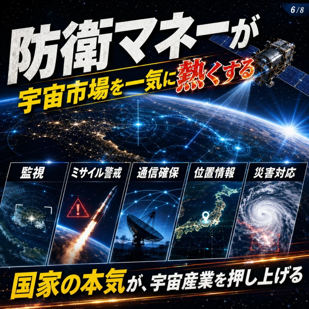 防衛マネーが宇宙市場に流れ込み、監視、通信、測位を支える様子