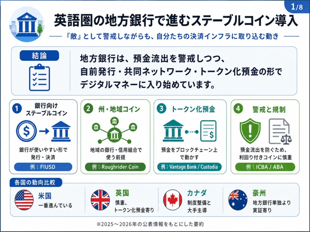 英語圏の地方銀行がステーブルコインを警戒しつつ、自前発行・共同ネットワーク・トークン化預金で導入を進める流れをまとめた図