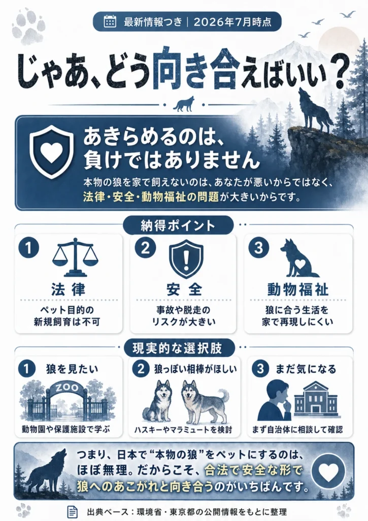 日本で狼を飼えない場合の現実的な向き合い方を紹介する画像