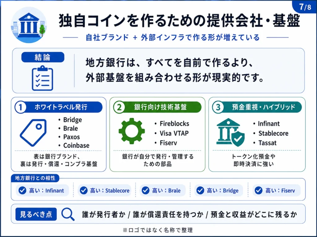 Bridge、Brale、Paxos、Fireblocks、Visa VTAP、Stablecoreなど地方銀行向けの発行・運用基盤を整理した図