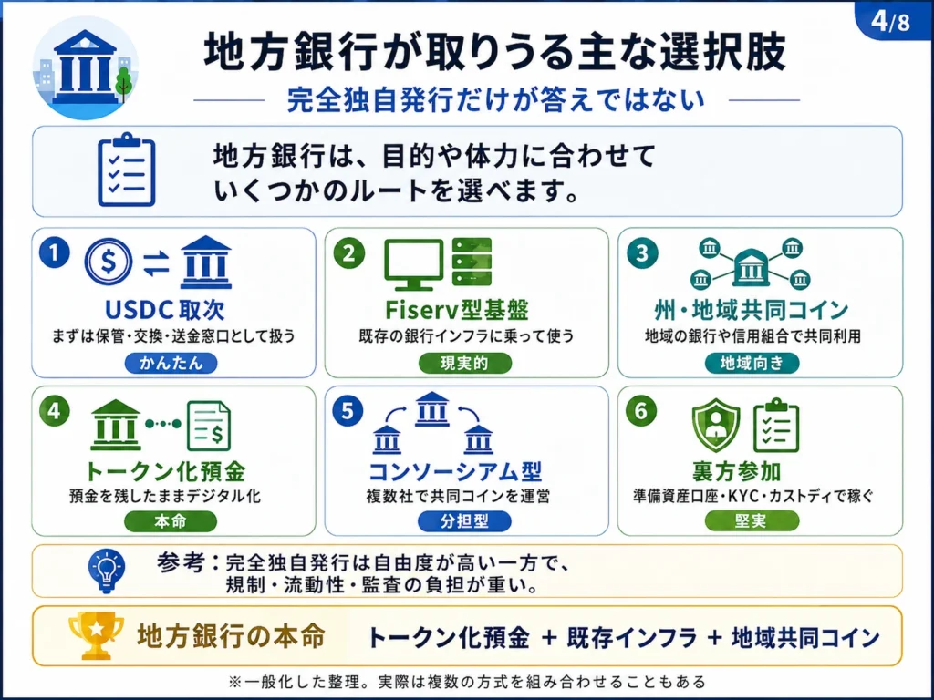 地方銀行が取れるステーブルコイン戦略としてUSDC取次・FIUSD・共同コイン・トークン化預金などを整理した図