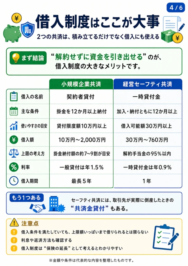 小規模企業共済の契約者貸付と経営セーフティ共済の一時貸付金を比較した図解