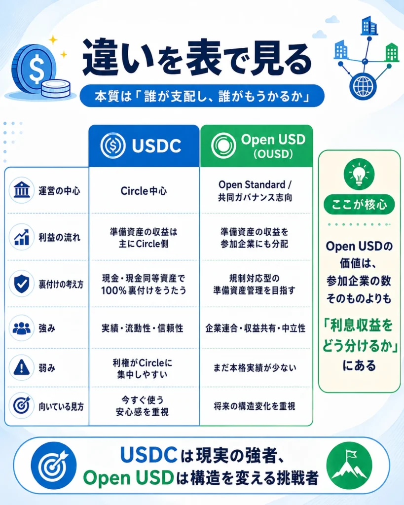 Open USDとUSDCを企業側、利用者側、注意点に分けて比較した結論図
