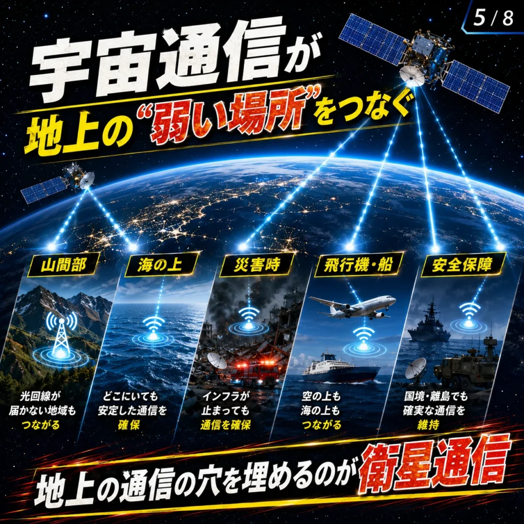 衛星通信が山間部、海上、災害時など地上通信の弱い場所をつなぐイメージ