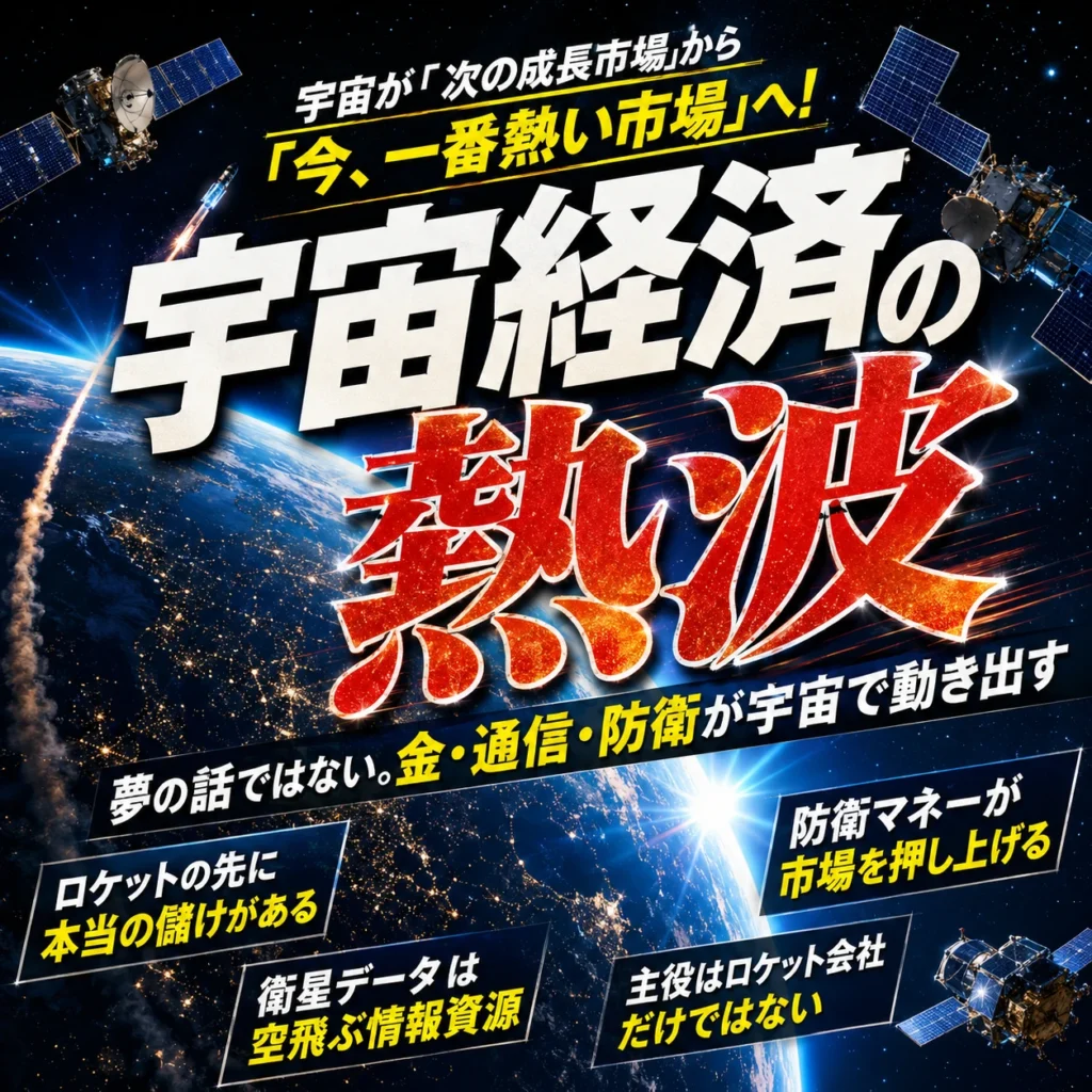 宇宙経済の熱波とロケット、衛星、地球を描いた宇宙ビジネス関連銘柄の解説画像