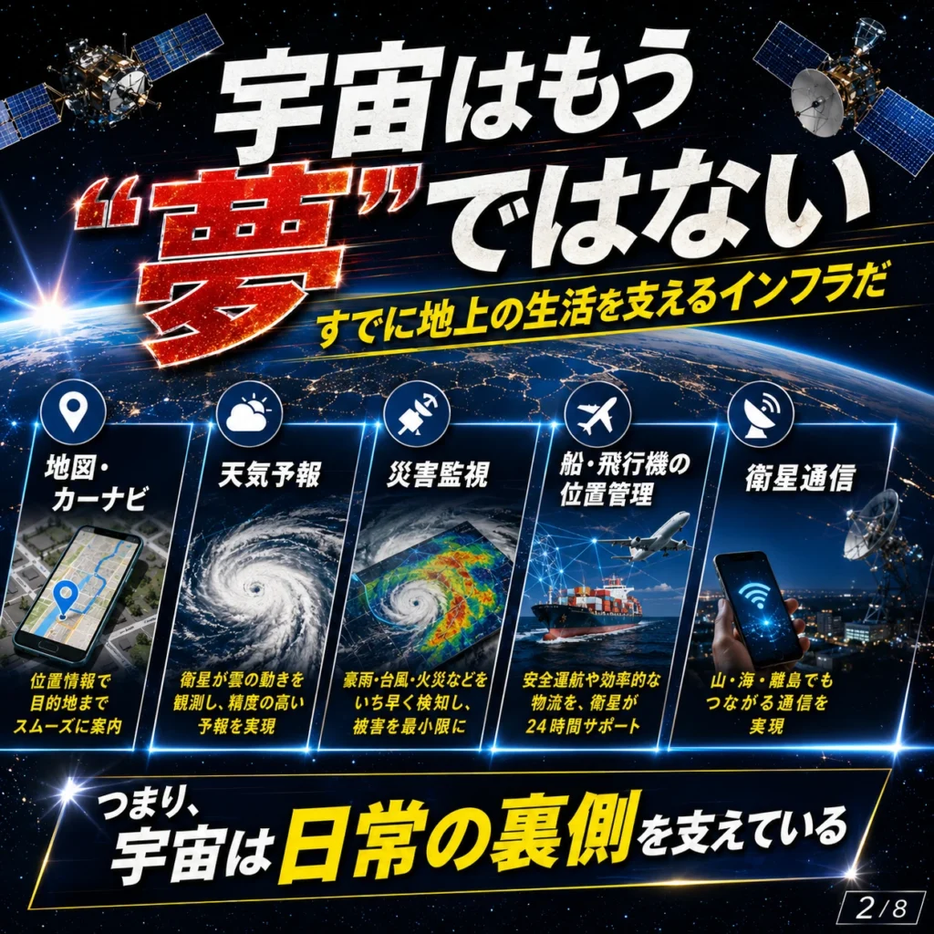 衛星通信やGPS、災害監視など宇宙技術が日常生活を支える様子