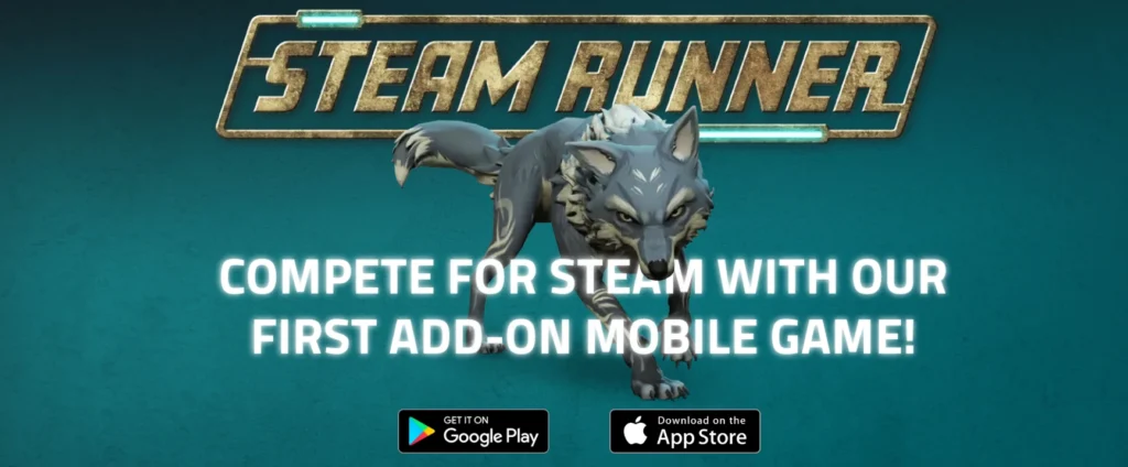 STEAM RUNNERの公式ビジュアル。狼キャラクターとGoogle Play・App Storeの案内が表示されているモバイルゲーム紹介画像