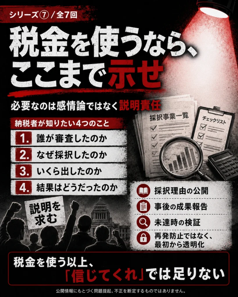 税金を使うなら採択理由や成果報告を公開すべきだと訴える画像