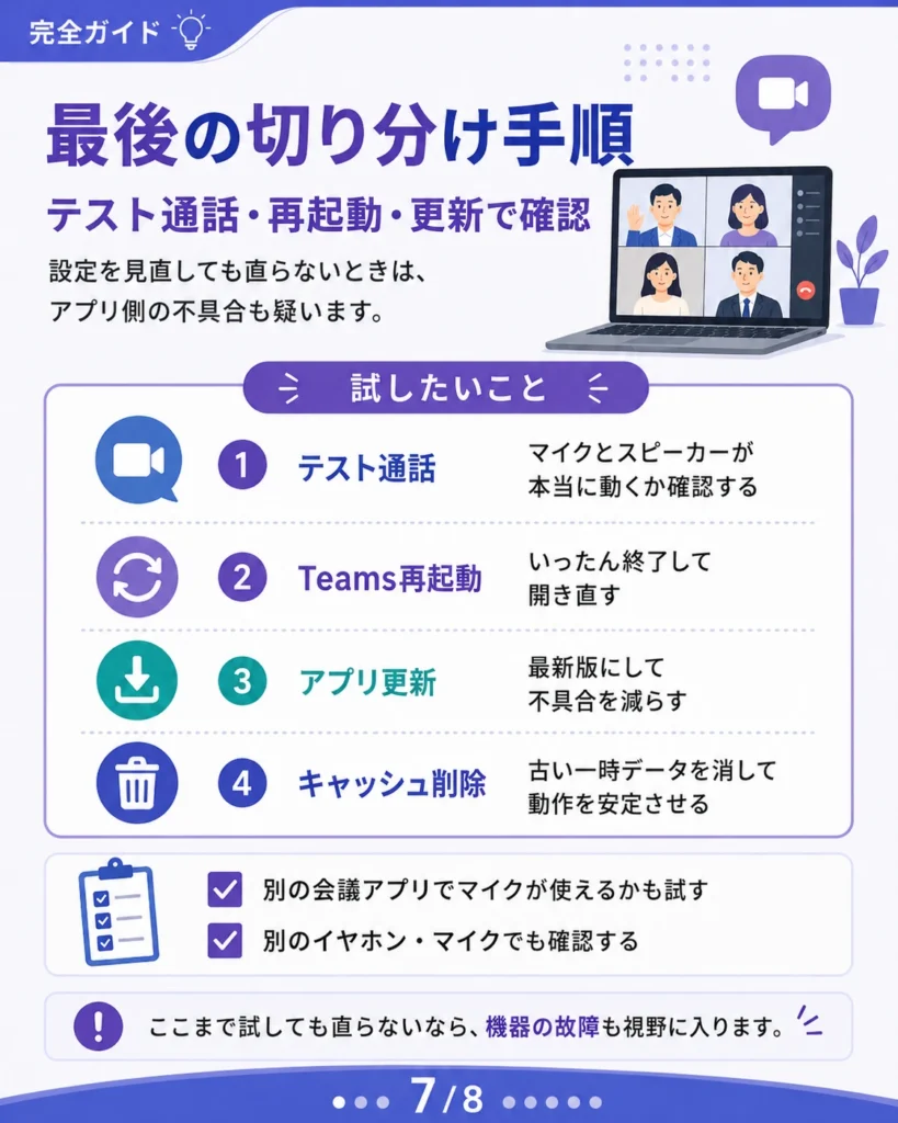 Teamsの音声トラブルが直らないときに試すテスト通話、再起動、更新、キャッシュ削除の手順