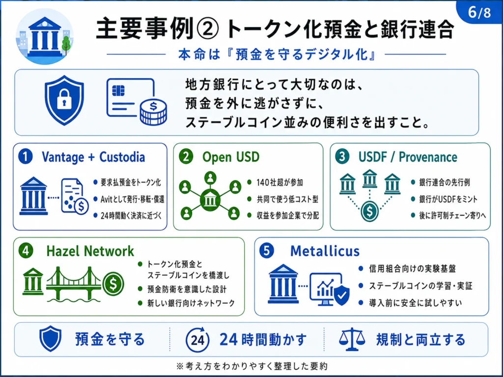 Vantage Bank、Custodia Bank、Hazel Network、USDF、Metallicusなどを主要事例として整理した図