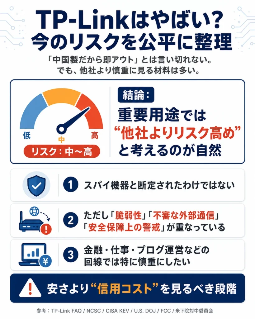 TP-Linkルーターのリスクを公平に整理し、重要用途では他社よりリスク高めと示した図解