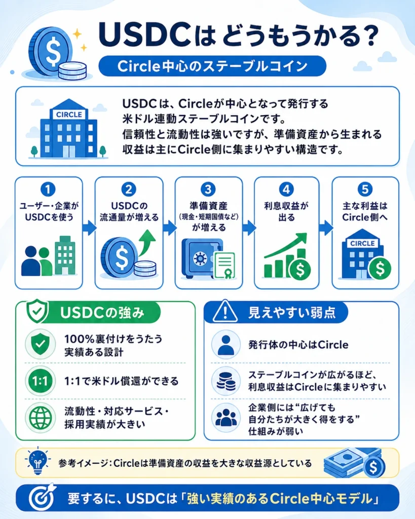 Open USDとUSDCの違いを、Circle中心モデルと共有インフラ型モデルで整理した比較図
