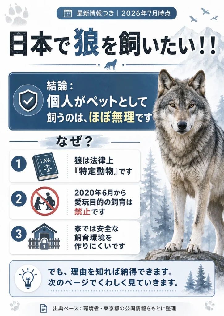 日本で狼を飼いたい人向けに、個人のペット飼育がほぼ無理な理由を解説する画像