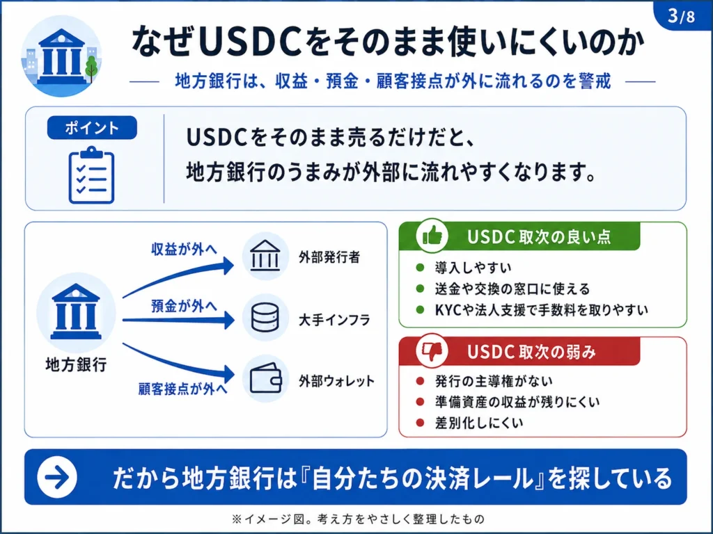 地方銀行がUSDCをそのまま導入すると、預金・顧客接点・準備資産収益が外部に流れやすいことを説明した図