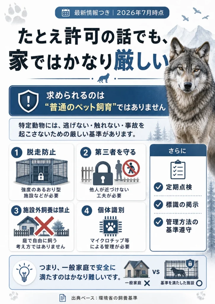 狼を許可目的で飼う場合でも家庭では厳しい飼育基準が必要なことを説明する画像