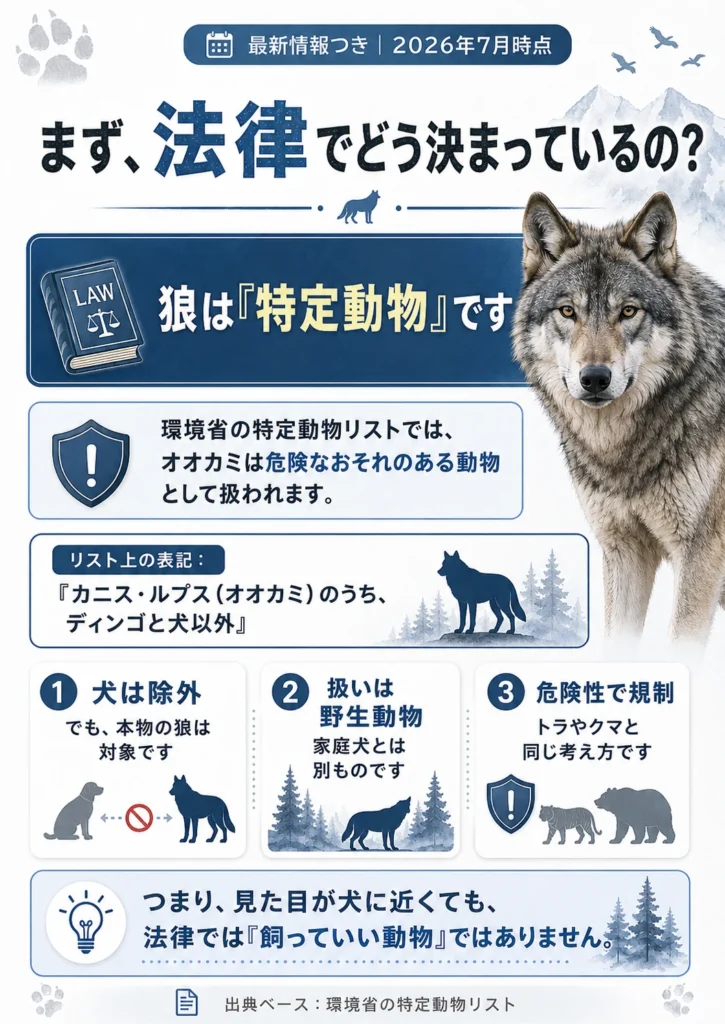 日本の法律で狼が特定動物に指定されていることを説明する画像