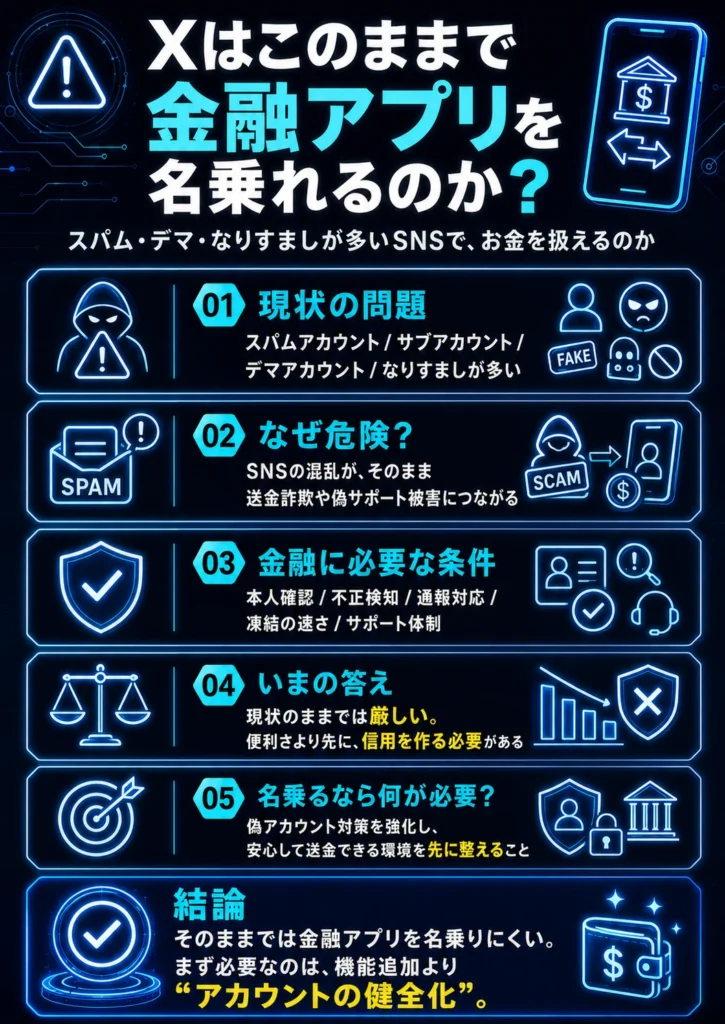 X Moneyが金融アプリを名乗るうえでの信頼性問題を示した図。スパム、サブアカウント、デマ、なりすましのリスクを強調している。