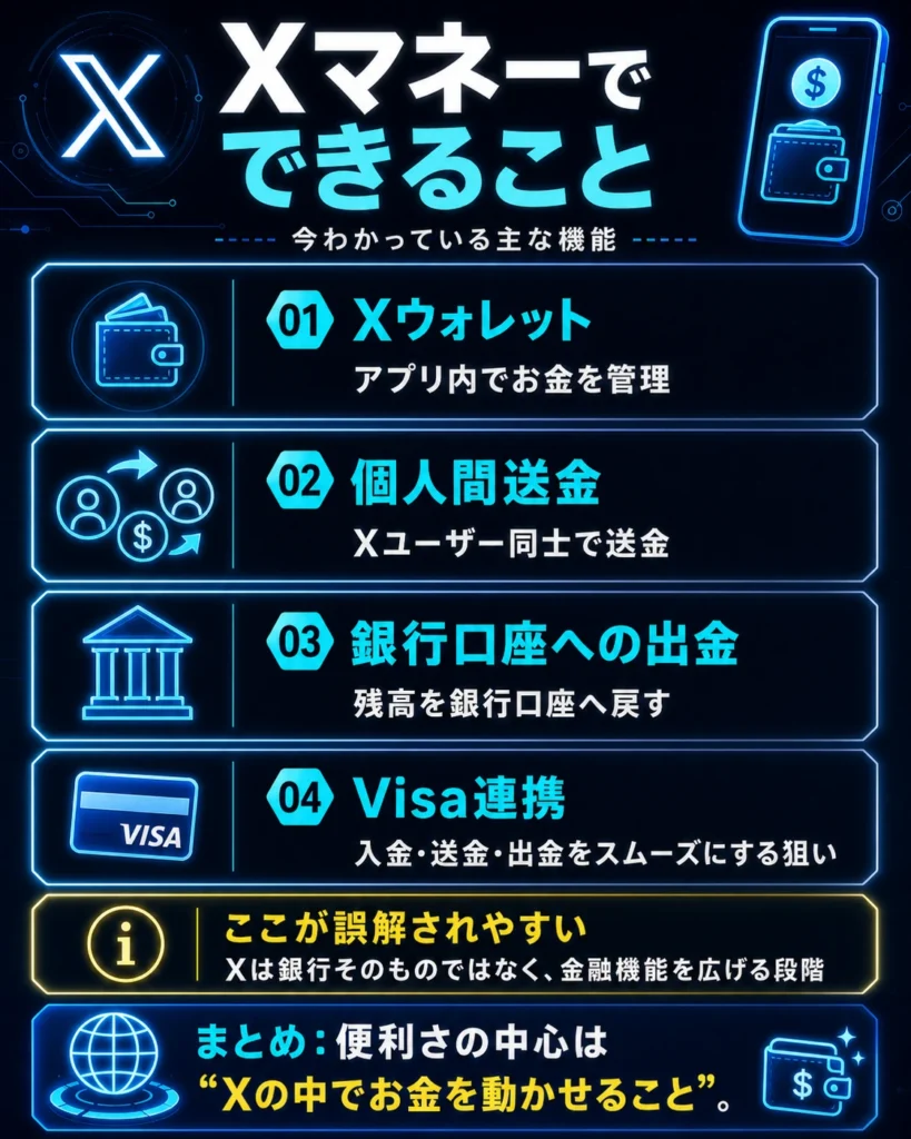 X Moneyでできることをまとめた図。Xウォレット、個人間送金、銀行口座への出金、Visa連携、利回り機能を示している。