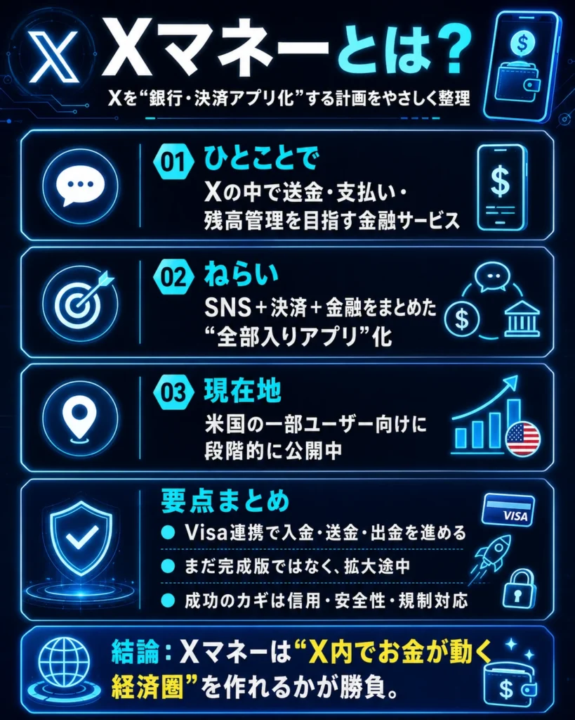 X Moneyの全体像を説明する図。XをSNSから送金や決済もできる金融アプリへ広げる構想を示している。