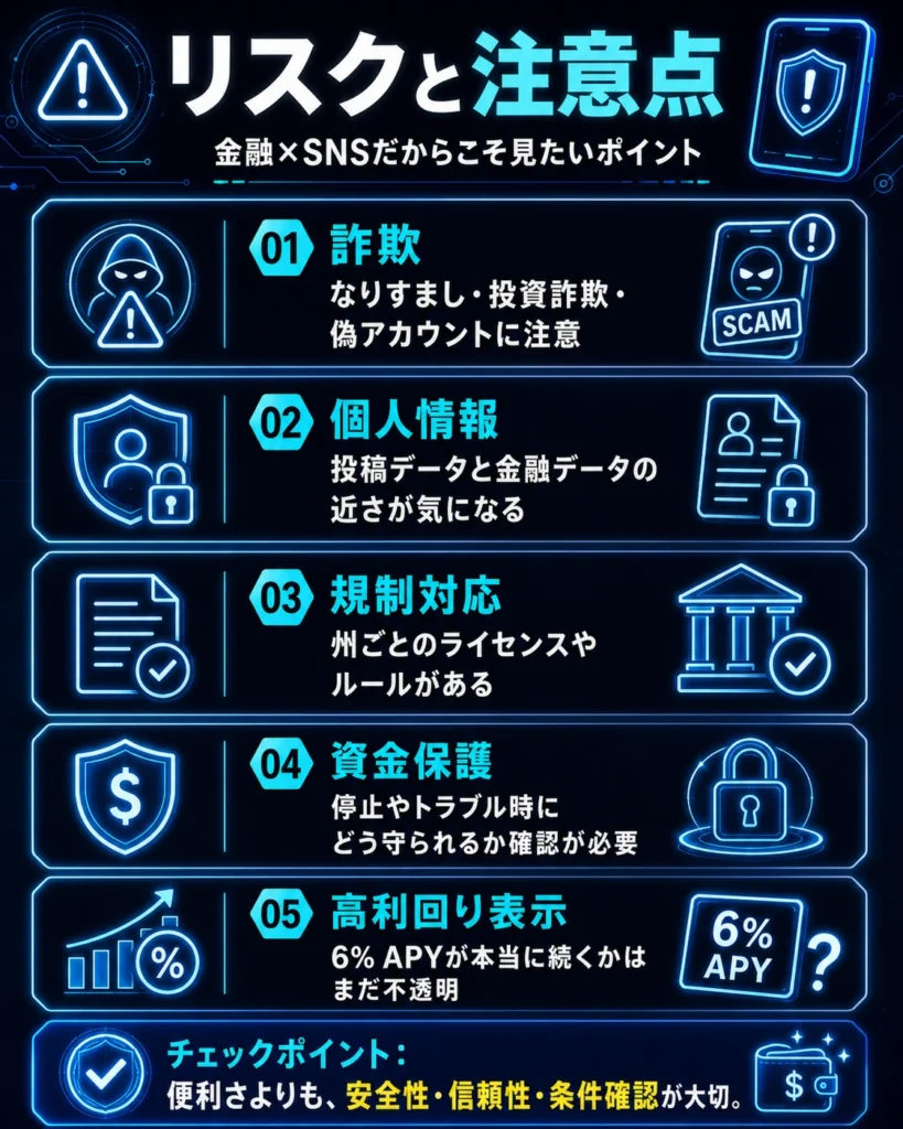 X Moneyのリスクと注意点をまとめた図。詐欺、個人情報、規制、資金保護、高利回り表示の不透明さを示している。
